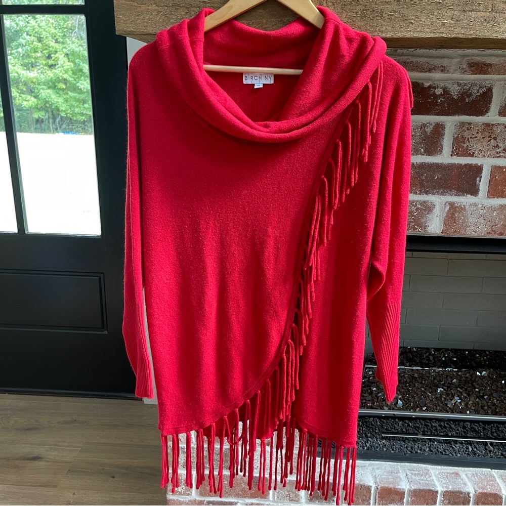 Birch NY Red Cowl neck fringe sweater size M